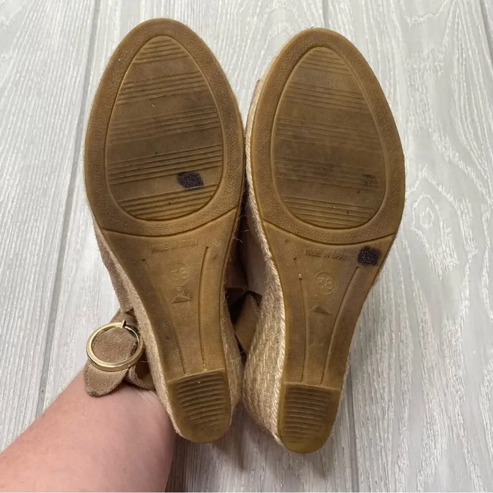 Kanna Tan Suede Leather Peep Toe Espadrille Wedges Size 7.5 EU 38